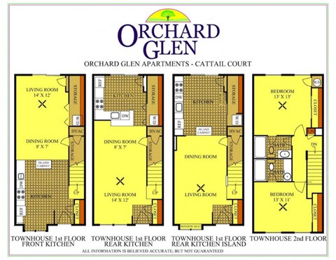 floor plan, 2-bedroom, 2 bathroom, 1st-level lower level, ground level main floor, townhouse 2-floor two-floor apartment with kitchen living room bedrooms bathrooms orchard glen apartments